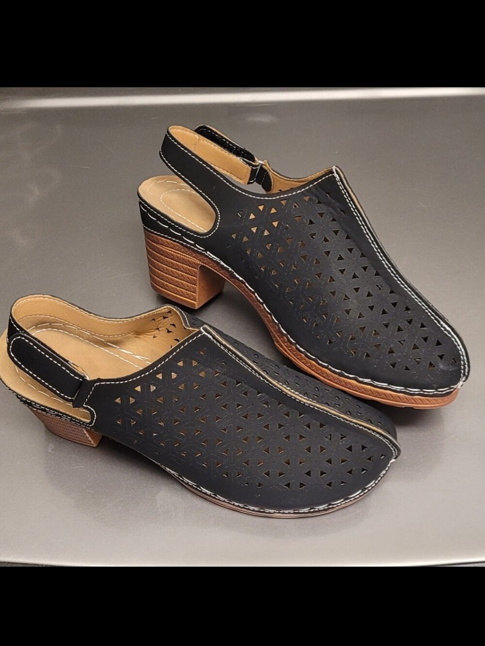 SHEIN Black Perforated Slingback Block Heel Mules